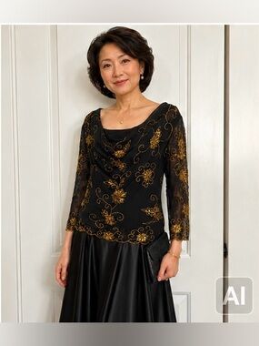 Jacques Vert Sequin Evening Blouse Top Cowl Neck Black Gold Large like-new